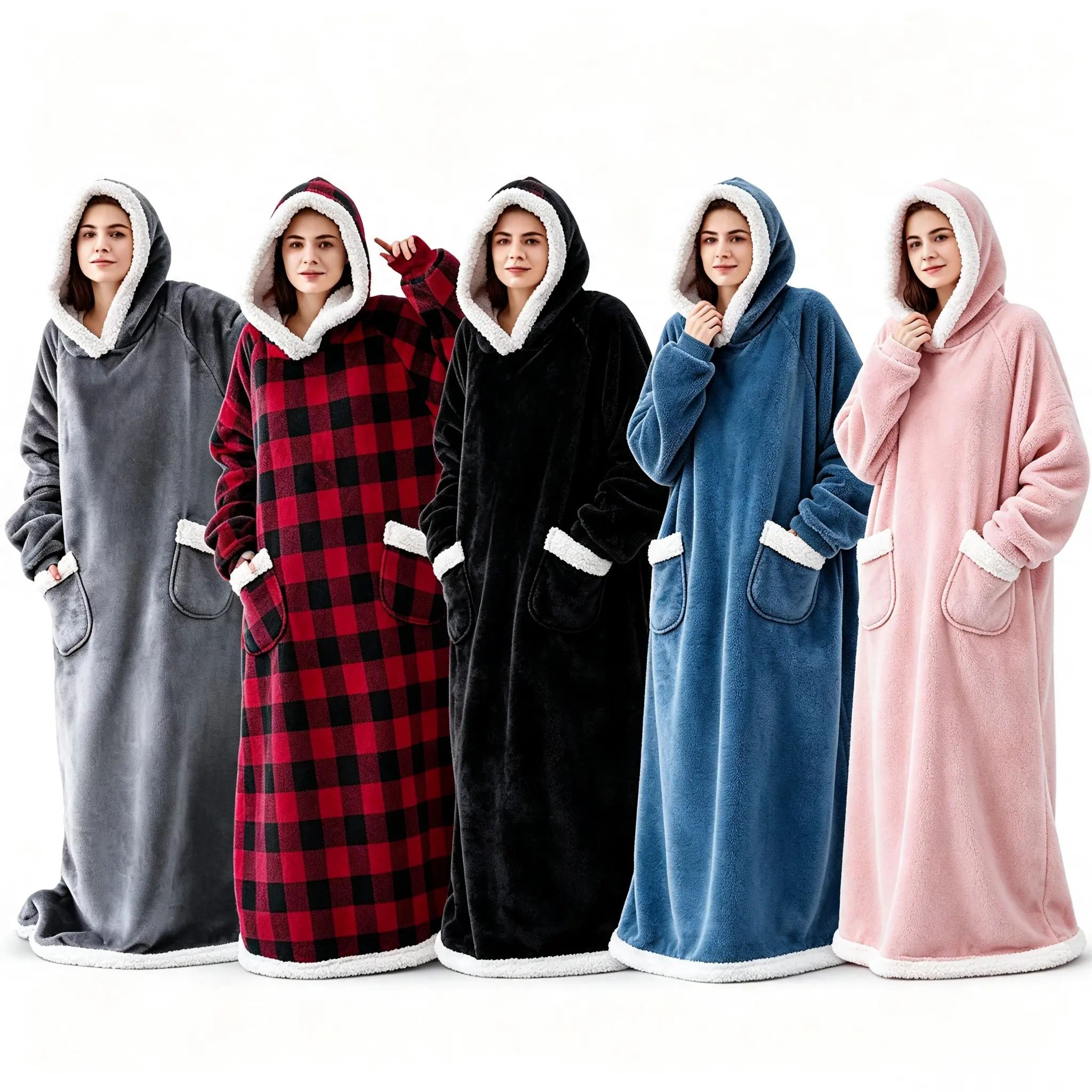 Women's Winter Flannel Robe,Oversized Plaid Fleece Wearable Hooded Blanket - Warm Cozy Hoodie Bedspread, Winter Comforter for Couch & Bed, Multicolor Plaid