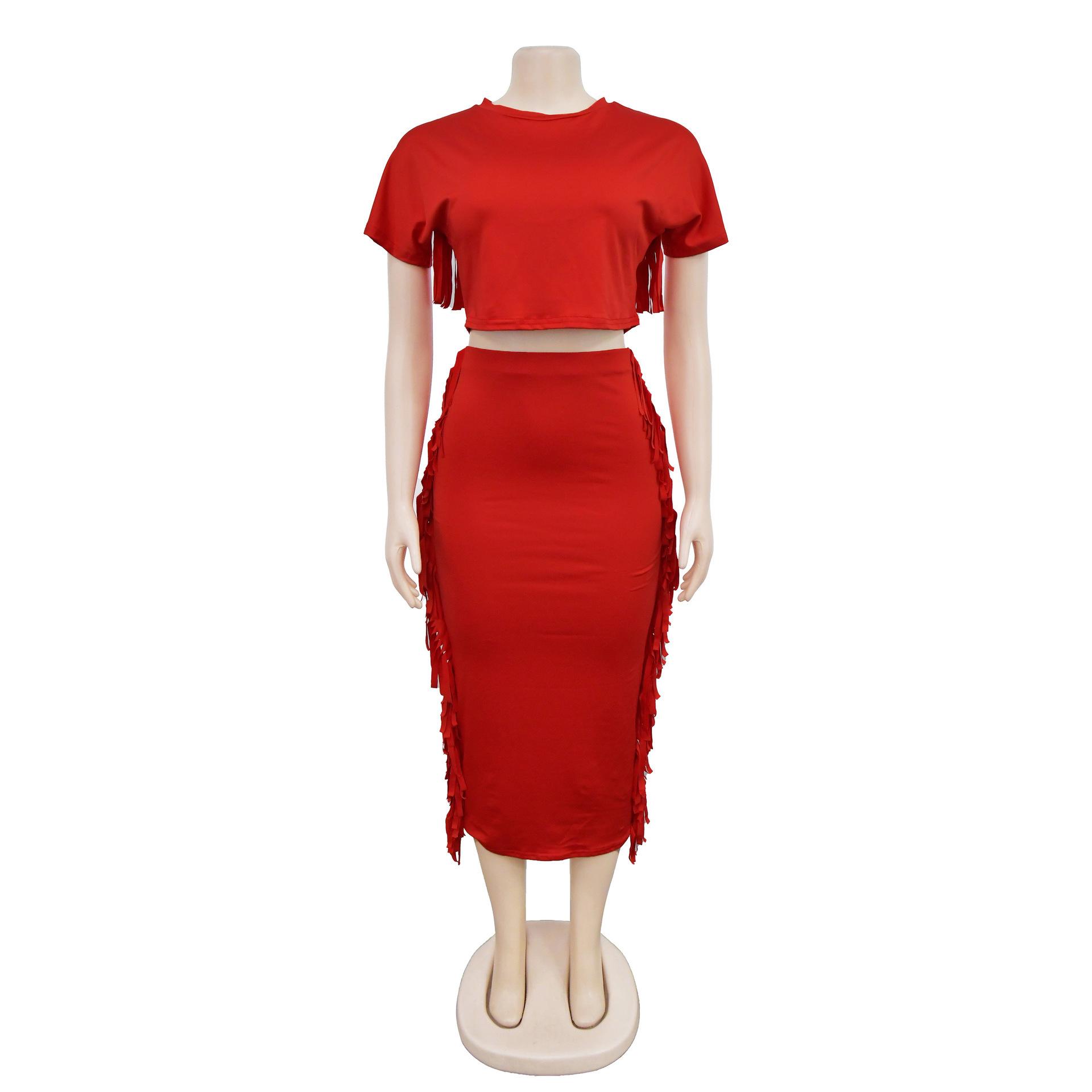 FashionableStyle Solid Color Fringe Round Neck Short Sleeve Long Dress Two-Piece Set