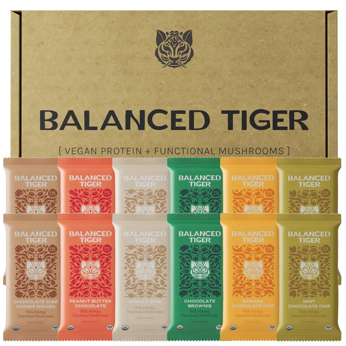 Organic Functional Mushroom Protein Bars | Made in USA | Full Dose (1500mg) Lions Mane, Chaga, Reishi & Cordyceps Bars | Vegan | 12 Bars Variety Box