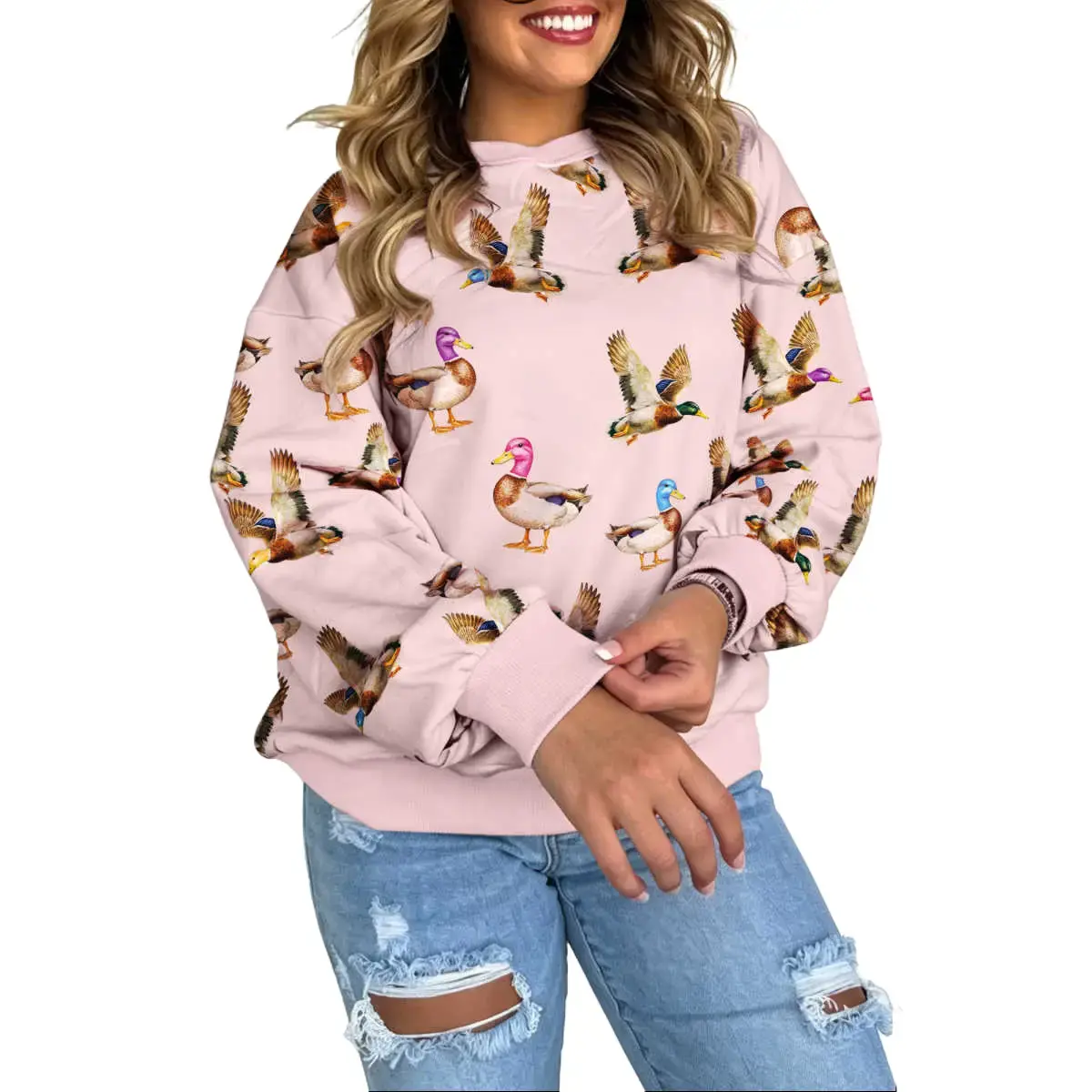 PHEFEE Women's Cute Duck Print Sweatshirt Casual Crewneck Long Sleeve Pullover Tops Relaxed Fit Drop Shoulder Graphic Shirts