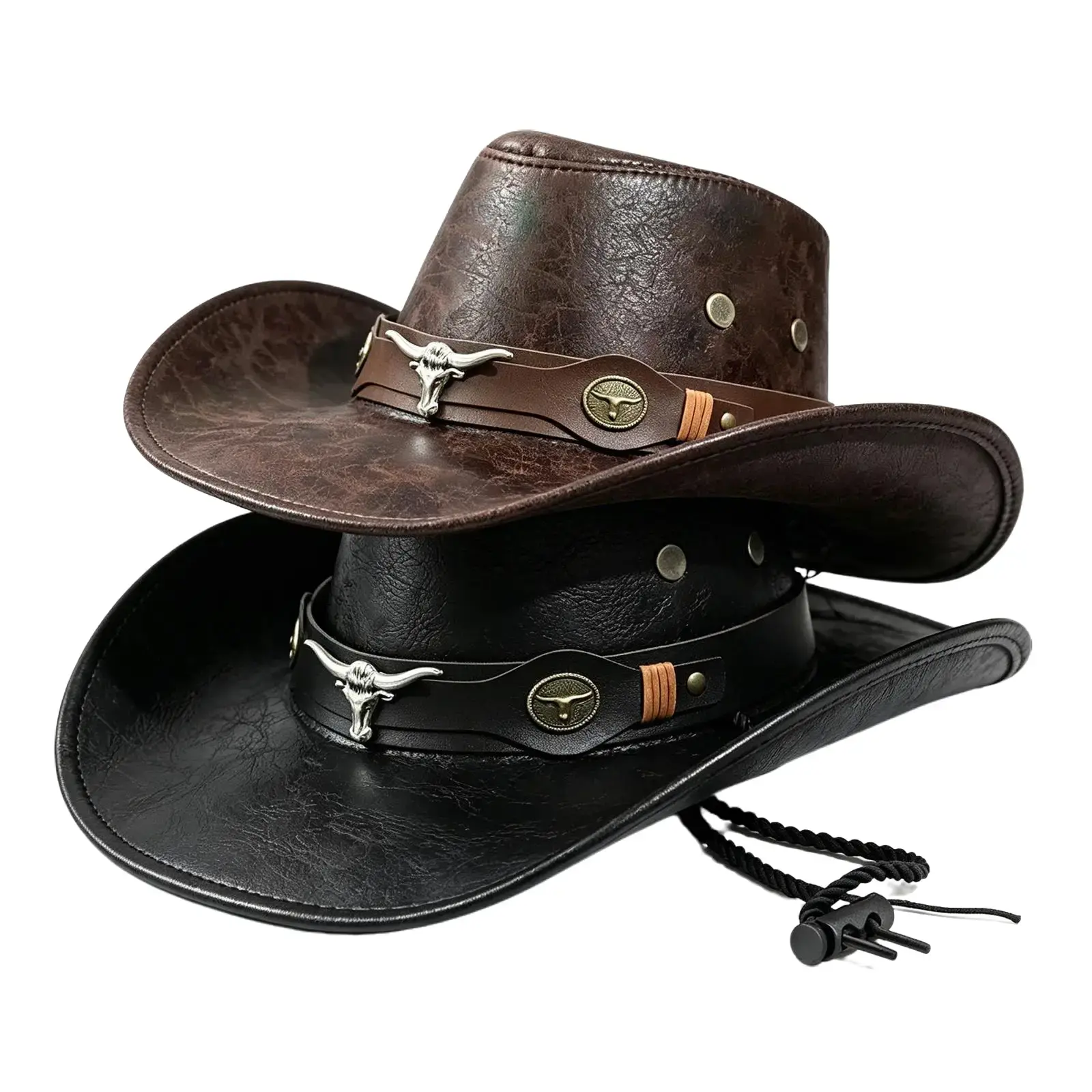 Vintage Cracked Faux Leather Cowboy Hat with Bull Skull Metal Band, Wide Brim Unisex Western Hat with Adjustable Wind Chin Strap arthur morgan