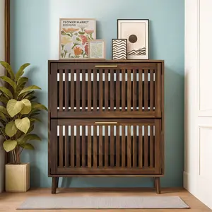 Spaco Walnut Shoe Storage Cabinet 31.5-inch,Medieval Modern Freestanding Design with Fence Detailing & 2 Flip Drawers, Perfect for Hallways and Entrances