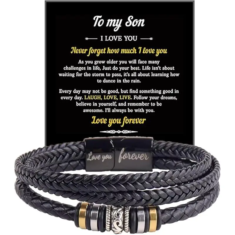 [LuckyVibes Studio]Bracelet for Son from Parents , Infinity Knot Love You Forever Linked Together Handmade Leather Bracelets Mens Birthday Weave Gift Jewelry, Gifts for Son on his Birthday, Meaningful Gift for Son