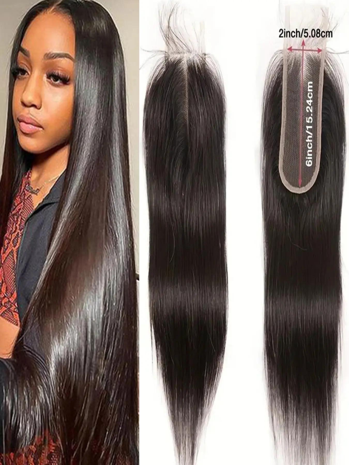 2x6 Lace Straight Human Hair Lace Closure Long Middle Part Transparent Pre-Plucked Lace Closure Human Hair Ultra-thin 2 x 6 Closure Silk Straight Natural Black Virgin Human Hair Extensions Human Hair Weave