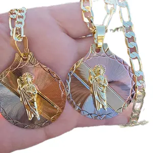 San Judas Tadeo Maxi Colgante Gold Plated Round Pendant Necklace XL JUMBO 44mm with 30" or 24" Chain Options for Men and Women Elegant Design