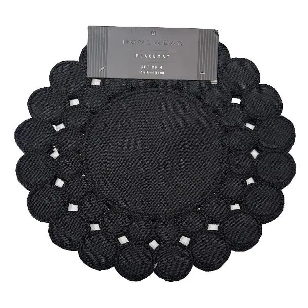Homewear Bubbles Cutwork Set of 4 Round Placemats for Dining Table and Kitchen, 15 Inch Round, 100% Polyester, Oversized Family Holiday Party Everyday, Black
