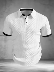 Men's Textured Jacquard Knit Polo Shirt, Menswear, Casual Business Slim Fit Short Sleeve Top, Elegant Contrast Trim Polo Tee #TexturedPolo #BusinessCasualTop #JacquardPatternShirt #SlimFitPolo #TikTokMadeMeBuyIt