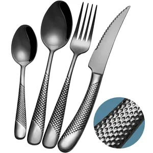 16-Piece ​Modern Black Hammered Silverware Set with Ultra Sharp 2-IN-1 Serrated Knives, 18/10 Stainless Steel Flatware Set, Titanium ​Plated Cutlery Set Service for 4, Dishwasher Safe Metal Tableware