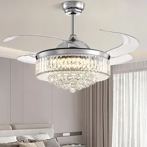 48 Inch Crystal Chandelier Ceiling Fan with Light Fandelier Ceiling Fan with Light Retractable Blades Fan with Remote Control Dimmable Fandelier for Bedroom Living Room