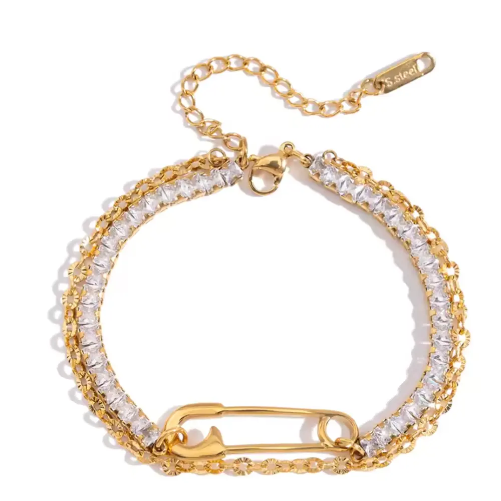 CZ Crystal and Chain Double Layer Safety Pin Charm Bracelet - Gold Plated Stainless Steel