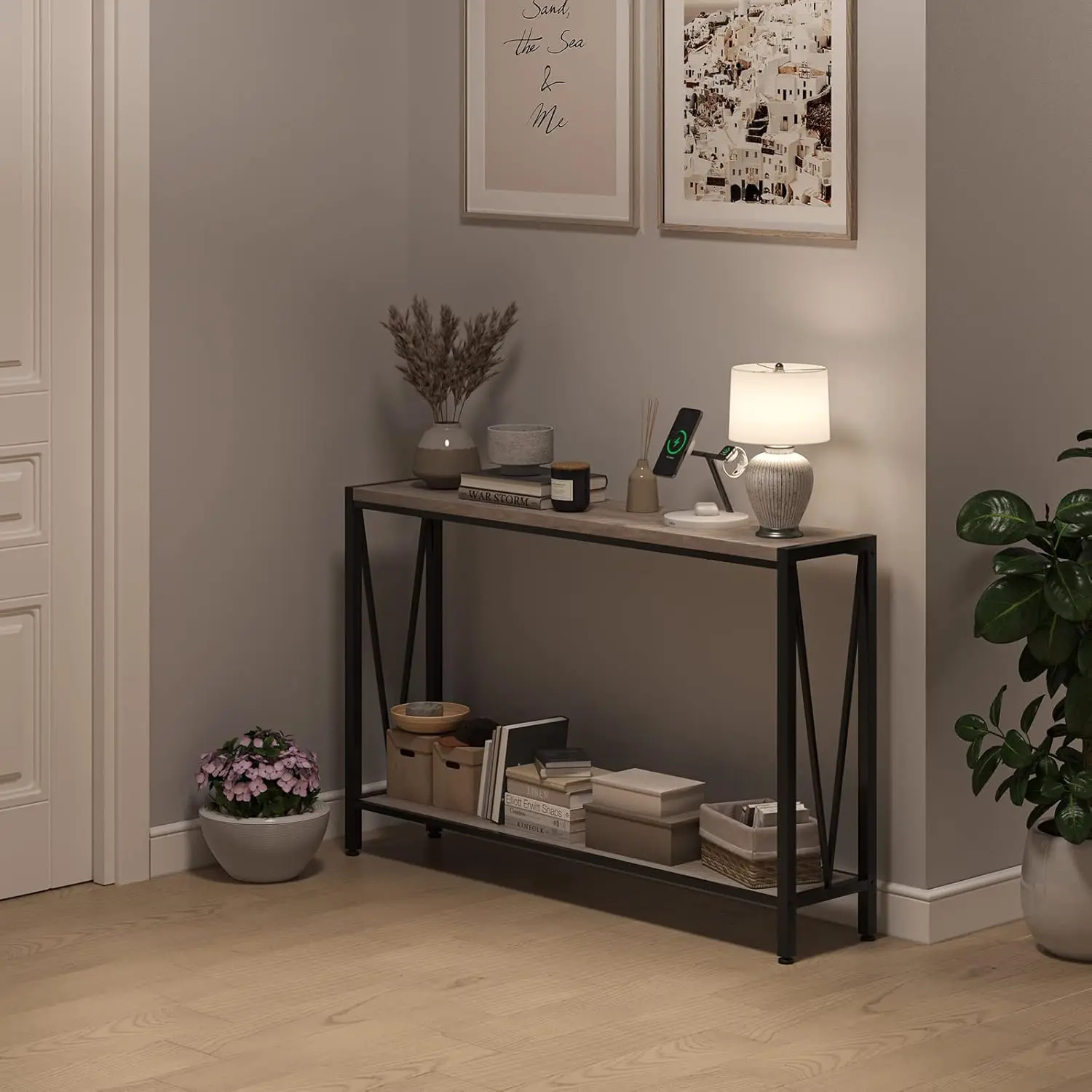 43-Inch Gray Contemporary Narrow End Table - 2-Tier V-Design Industrial Console Table with Iron Frame, Sturdy Base, Quick Setup for Indoor Entryway Storage (Modernism Style), Contemporary End Table, Modernism End Tables