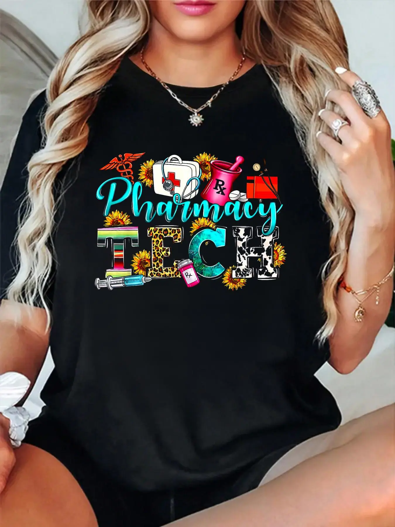 Women's 100% Cotton Short-Sleeve Round Neck T-Shirt - Retro Leopard Pharmacy Tech Graphic Tee, Casual Loose Breathable Comfort Fit Top for All Seasons, Shortsleeve, Style, Tshirt, Lady, Do Not Iron, Small, Lightweight, Party, Machine Wash