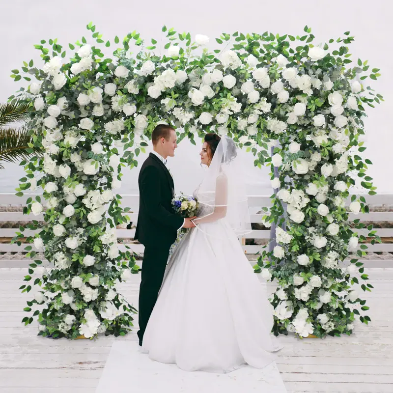 A7615 2-Piece Silk Artificial Floral Arrangement Set, White Rose & Greenery Flower Row - Faux Floral Wreaths, Garlands & Swags for Wedding Backdrop Decor