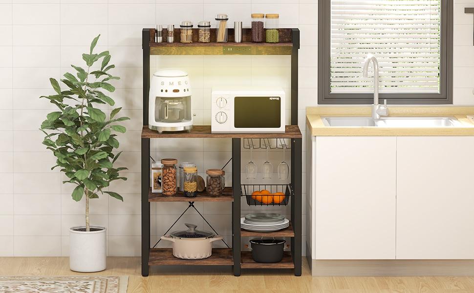 HOMCOM Bakers Racks with Power Outlet and LED Lights, Coffee Bar Table for Kitchens with Storage, Microwave Stand, Kitchen Storage Shelf Rack with Multiple Shelves HOMCOM Bakers Racks with Power Outlet and LED Lights, Coffee Bar Table for Kitchens with Storage, Microwave Stand, Kitchen Storage Shelf Rack with Multiple Shelves