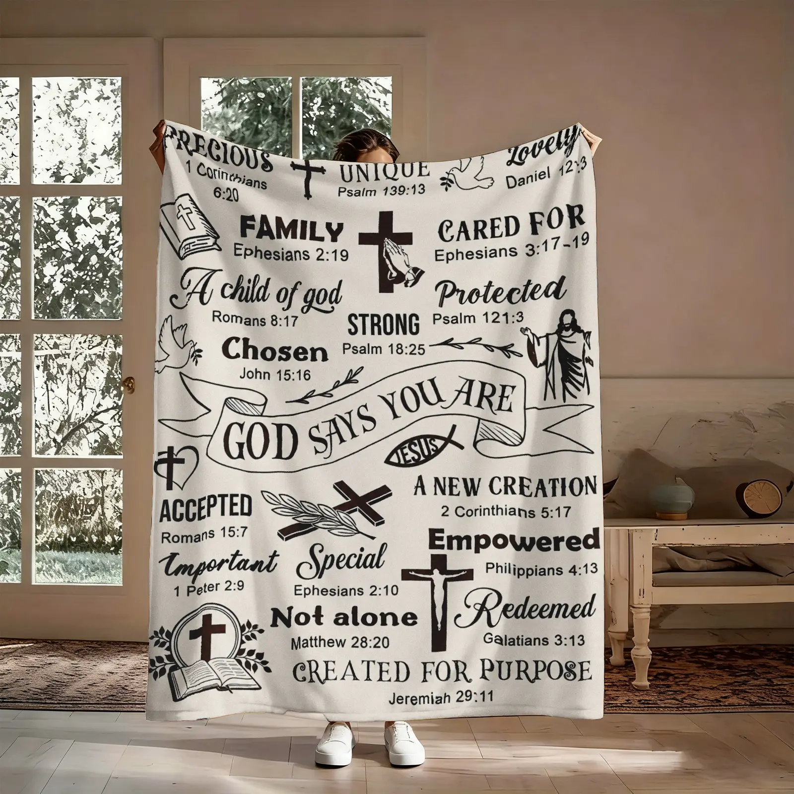 High-Density Flannel Throw Blanket - God Says You Are Design, Wrinkle Resistant, Cross Detail, Bible Verse Print, Dove Pattern, Soft Cozy Warm, Multi-Size (30x40/60x80 in), for Couch Lounging, Christmas Gift for Believers