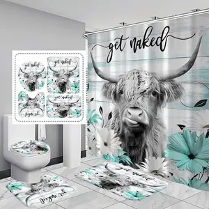 1/4 PCS Highland Cow Bathroom Set, 71×71" Shower Curtain with 12 Hooks, Toilet Lid Cover, Rectangular & U-Shaped Mats, Ideal for Home Bathroom Decor
