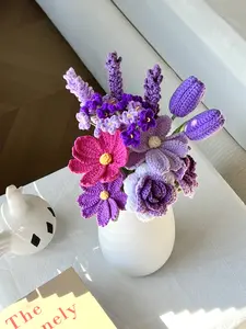 13-Piece Handmade Knitted Rose Premium Combed Cotton Yarn Crochet Bouquet - Artificial Lavender, Babysbreath, Galsang, Rose Flower Set, Card Included (No Vase), Room, Home, Indoor Decor, Gift for Mom, Giftfriend, Anniversary