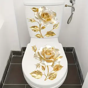 2PCS advanced golden flower toilet seat cover stickers, toilet stickers gold leaf flower stickers DIY removable waterproof toilet stickers wall stickers bathroom decorative flower decals Bathroom Decoration Accessories
