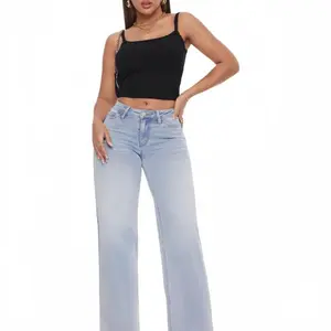 Mid-low Rise Baggy Jeans Stretchy Wide Leg for Women Distressed Pants Light Blue/Dark Blue Womenswear Bottom 8001 Lady Basic Minimalist Comfortable Denim Tummy Control Curve Hugging Plus Size Regular Size