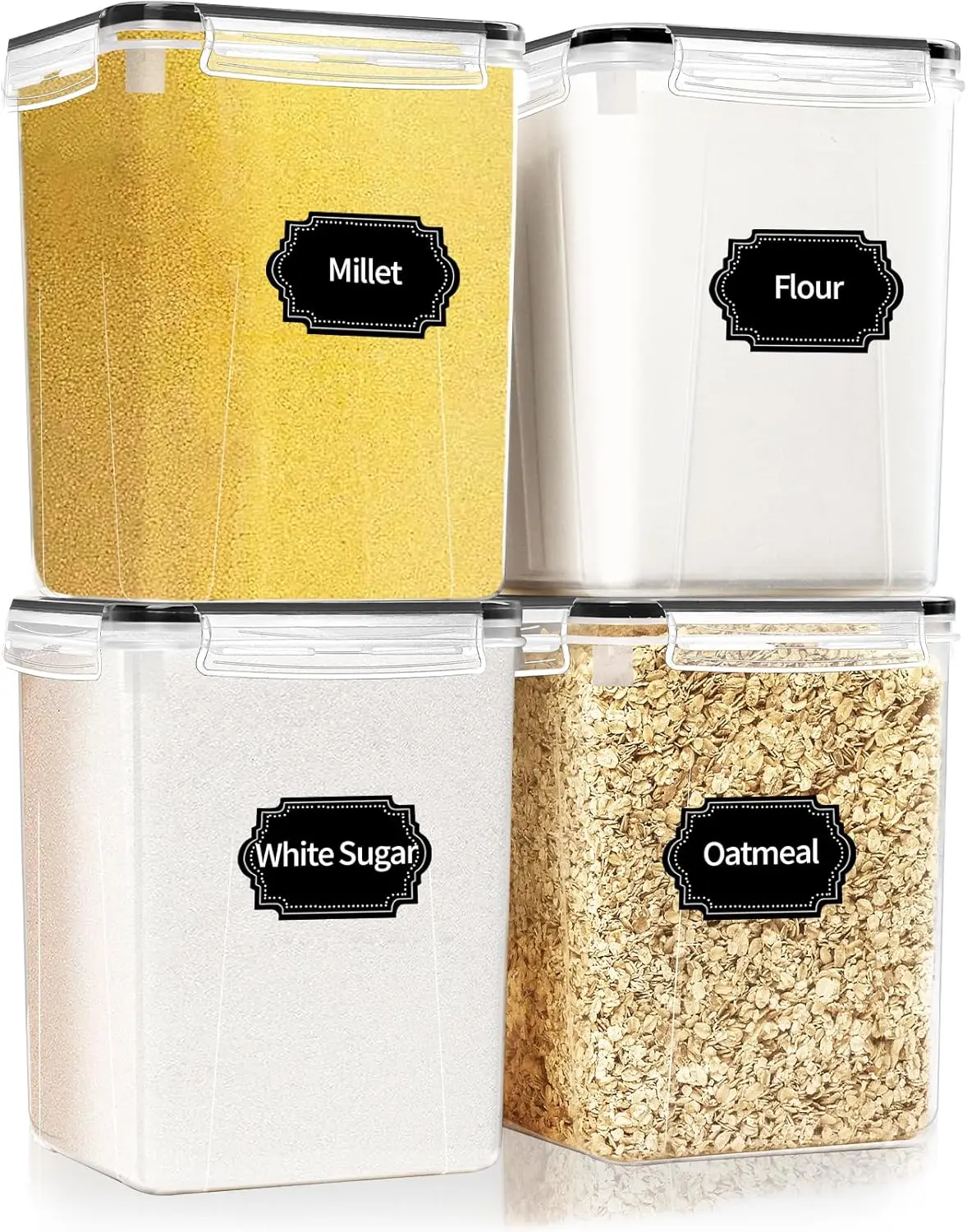 4 Pack Large Airtight BPA-Free Plastic Food Storage Containers with Lids (5.2L/176oz) - Kitchen & Pantry Organization Kits for Cereal, Flour, Sugar Storage, Includes Labels & Marker