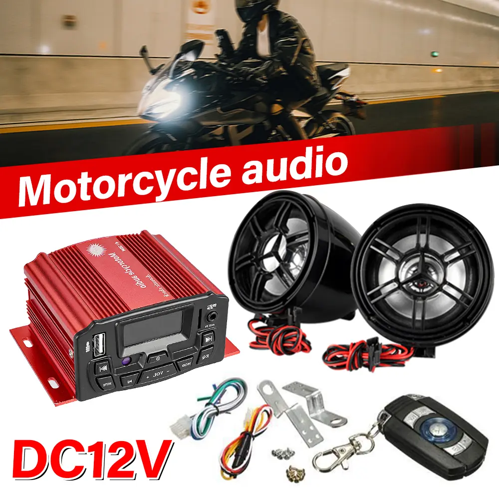 12V Durable Motorcycle Bluetooth Sound System - 2 Speakers, SD/USB/MP3 Stereo, FM Radio, Waterproof, Metal-Plastic Holder, Remote Control from Seat