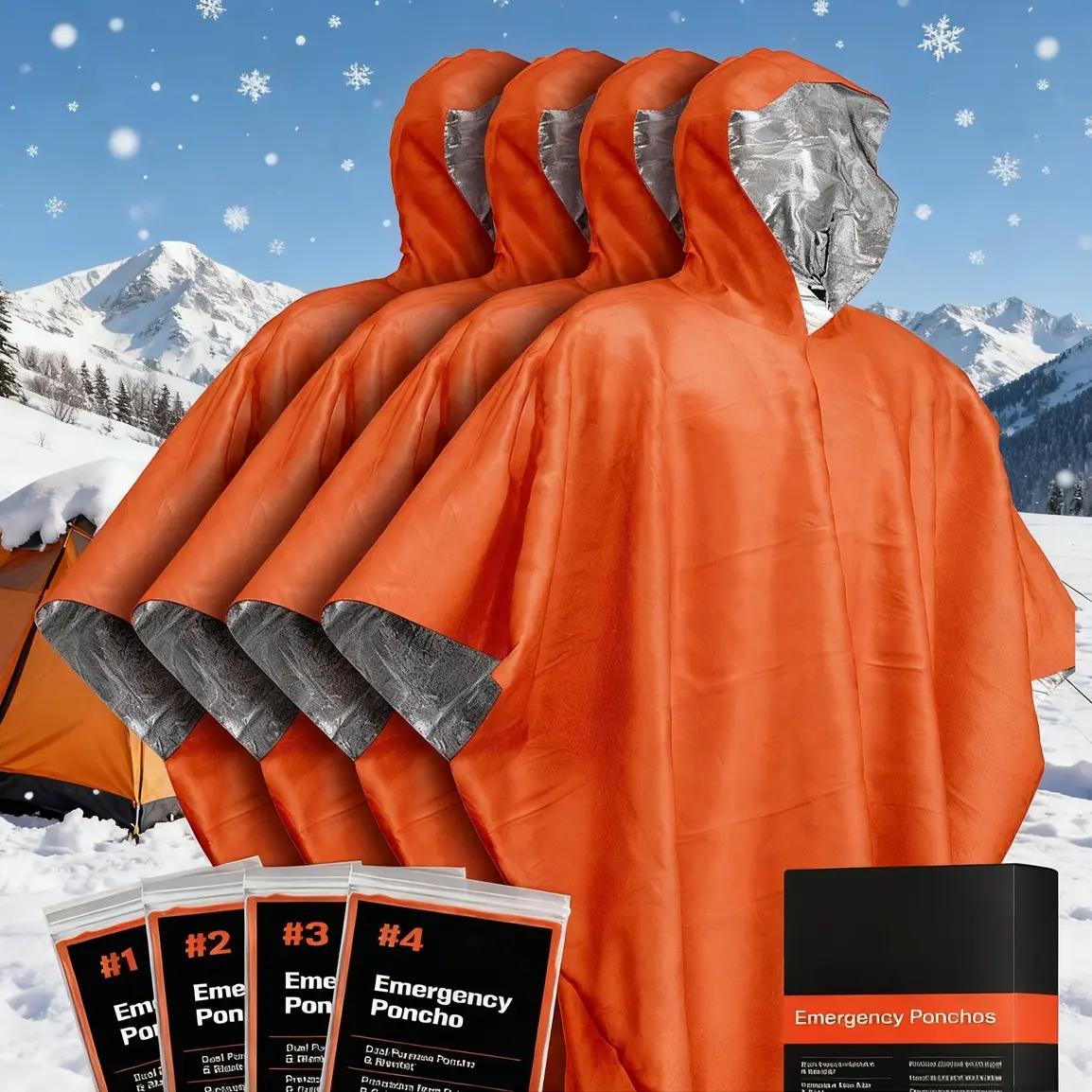 Winter 4-Pack Outdoor Emergency Rain Poncho, Rainproof Waterproof Raincoat - Adult Waterproof Windproof Dual-Side Wearable Warm Blanket with Polyester Film Liner, Reinforced Stitching Safety Gear Essential for Hiking Camping Emergencies