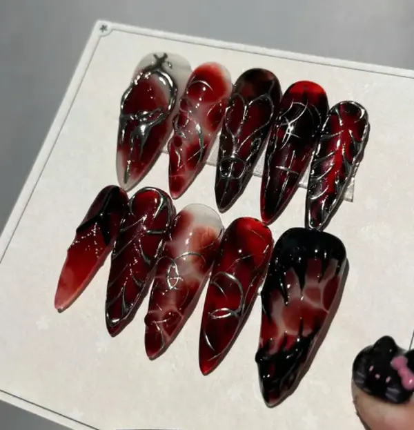 Dark Red Blood Marble Press On Nails 3D Silver Chrome Liquid Metal Long Stiletto Fake Nails Spooky Vampire Gothic Emo Aesthetic Reusable Acrylic False Nails For Women Edgy Cosplay Party Stick On Manicure Set Full Cover Glue On Nails Kit