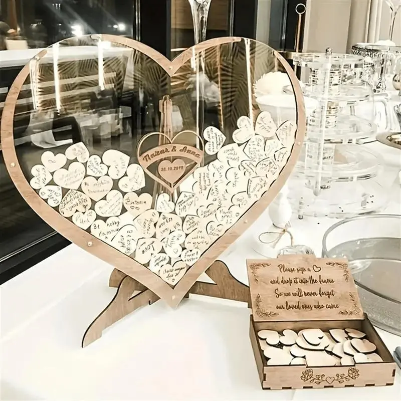 Elegant Heart-Shaped Wooden Wedding Signature Box with Waterproof Clasp, Stand, Decorative Keepsake Storage for Special Events, Ideal Gift