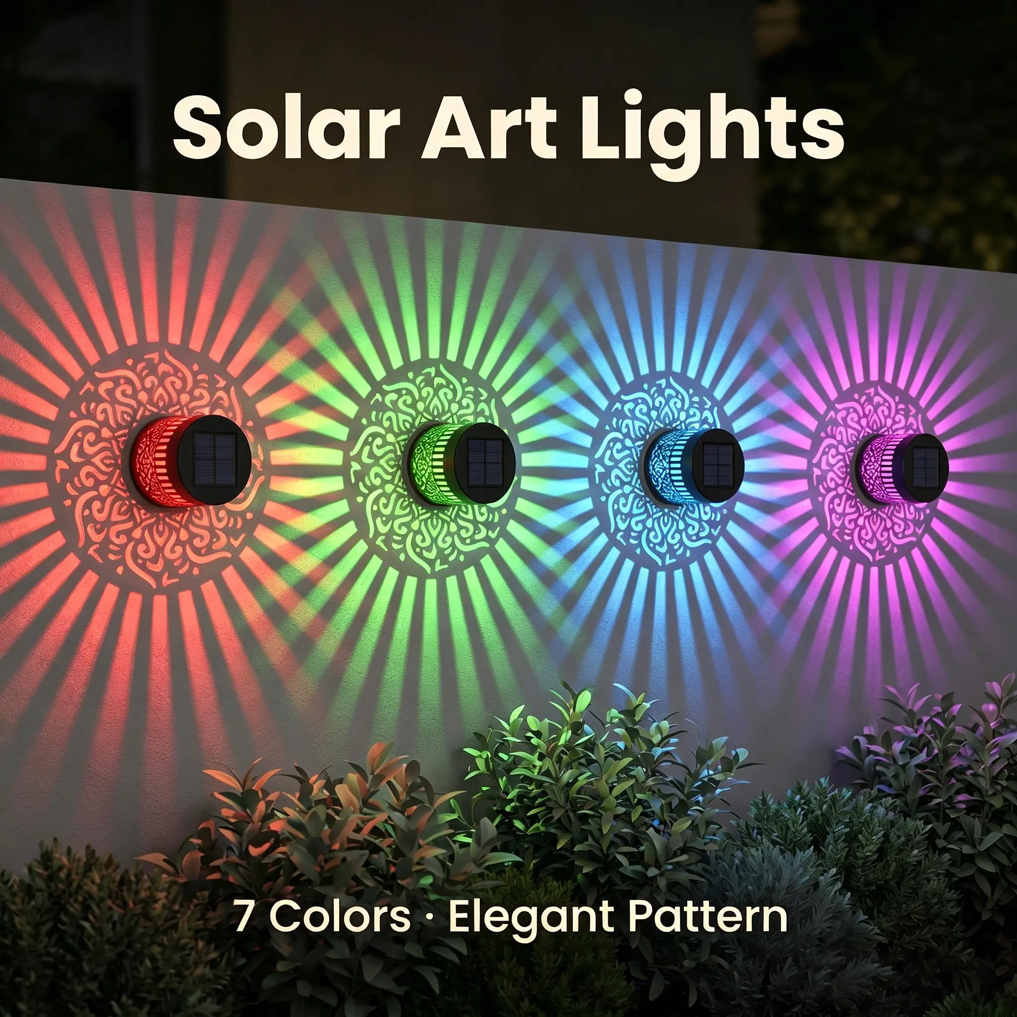7 Color Solar Mandala Hollow Projection Wall Light, Waterproof Outdoor Solar Decor Light, Multi-Color Pattern Projector Lamp for Backyard, Lawn & Porch Decor