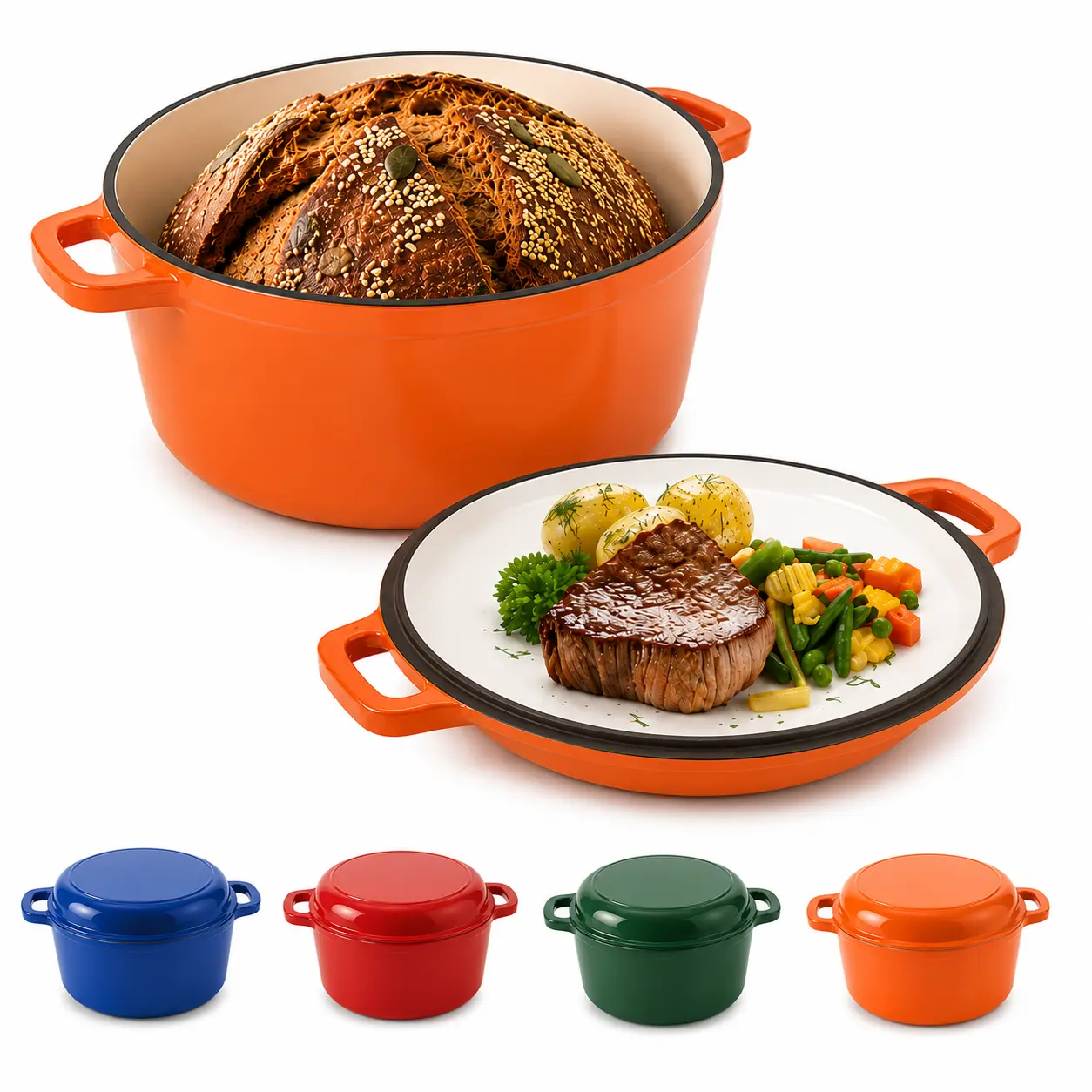 26cm 2-in-1 Dual-Purpose Enameled Cast Iron Dutch Oven with Skillet Lid, Heavy-Duty Cookware for Braising, Baking, Family Meals, Home Cooking Kitchen Pots Stock Pot With Lid Kitchen Pots pots and pans set