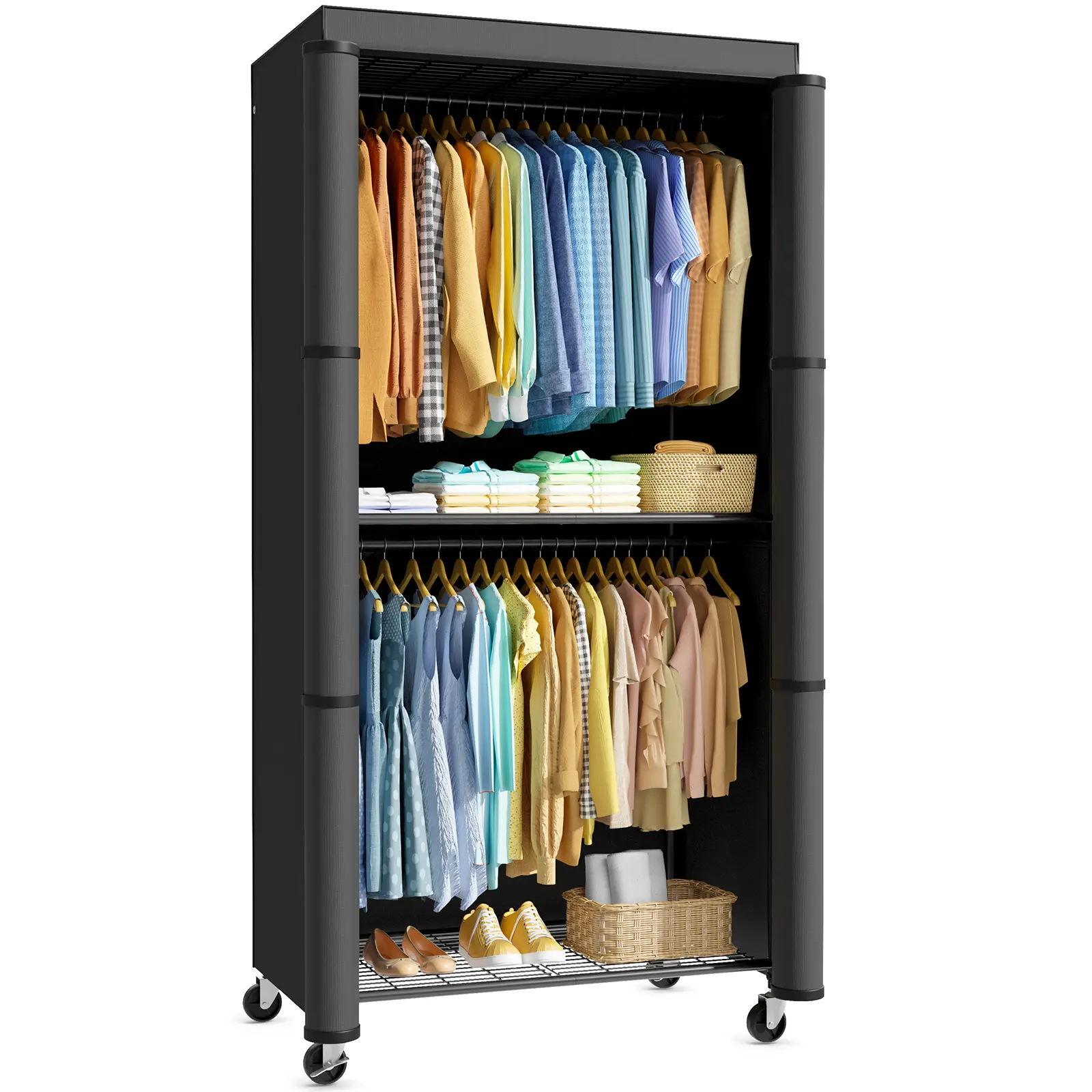 Clothes Rack with Cover, Wardrobe Closet, 35.4" x17.7" x79.7", Iron | Bedroom, Dorm, Apartment, Open Front, Heavy Duty, Lockable Wheels, Rust-Resistant, Black