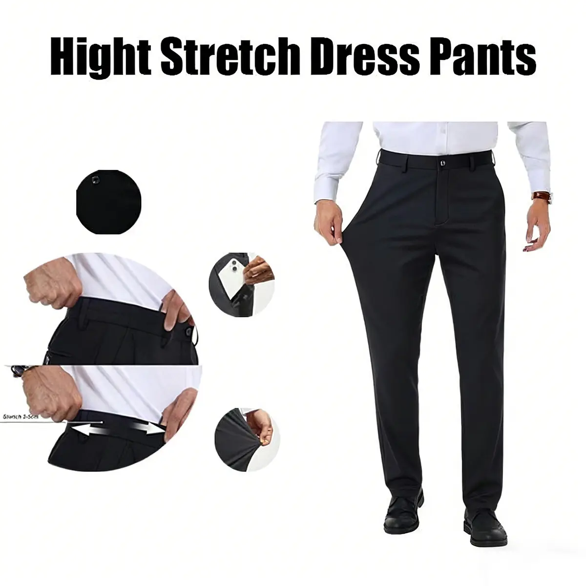 Men's Stretch Business Casual Plain Dress Pants - Menswear, Polyester Blend, All-Season, Wrinkle-Resistant Straight Leg, Lightweight Soft Fabric, Crown Embroidery, Corporate Office Wear, Casual Fashion, Multiple Colors