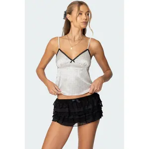 Polka Dot Satin Effect Lace Trim Top