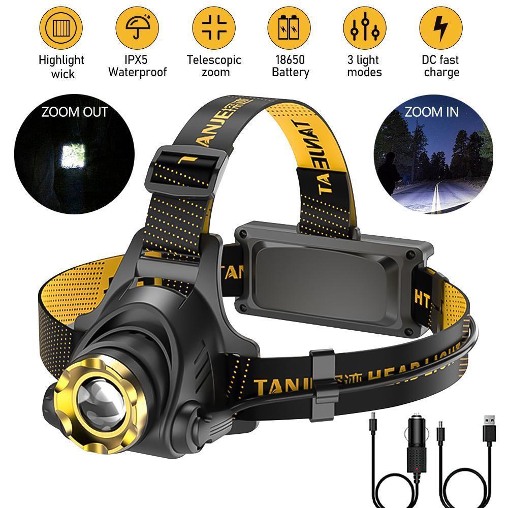 Headlamp Flashlight Rechargeable LED Headlamp 3 Modes Zoomable with Waterproof ABS, USB Charger & Car Charger, Black & Yellow