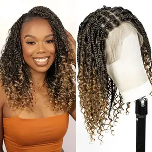 Knotless Box Braided Wigs With Curly Ends Synthetic Full Lace Braided Lace Wigs Short Boho Braided High Temperature Fiber Vacation Style Wig with Spiral Curls for Women