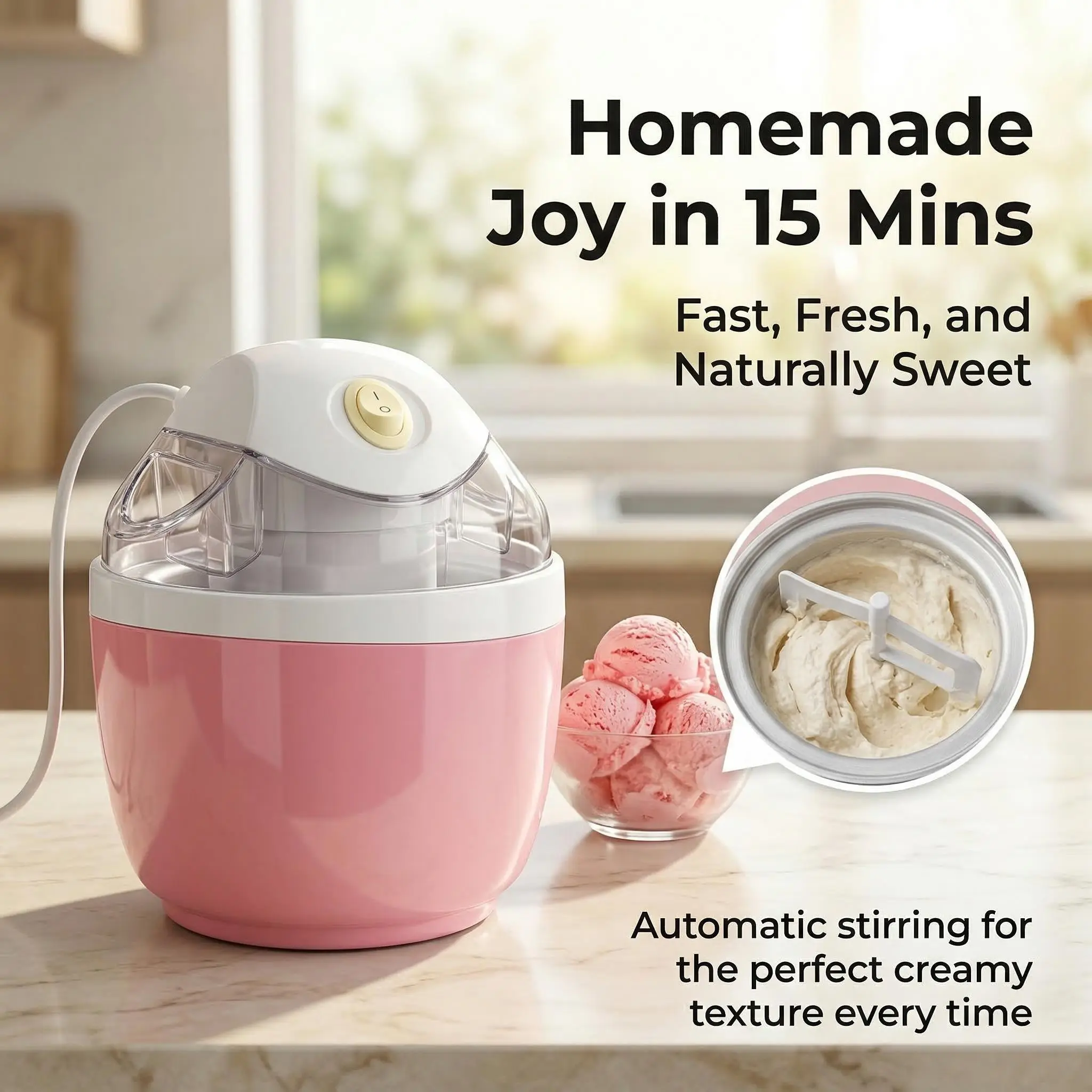 Compact Electric Ice Cream Maker with Auto Stirring, Round Bowl, 15-Minute Quick Making, Easy DIY Healthy Frozen Treats for Summer Desserts & Family Fun