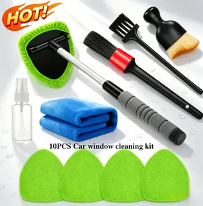 【FathersDayGift】10Pcs Car Windshield Cleaner Tool Kit – Auto Glass Cleaning with Extendable Handle, 4 Microfiber Replacement Covers, 3 Vent Brushes, Blue Towel & Empty Spray Bottle for Car Detailing, SUV RV Home Windows