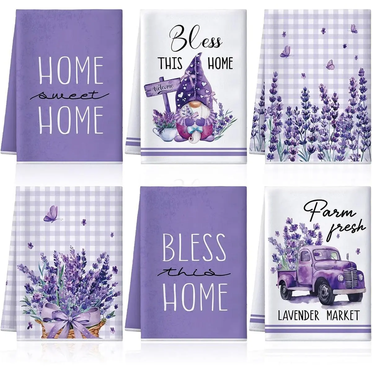 6-Piece Purple Spring Lavender Butterfly Kitchen Towel Set - Generously Sized, Water Absorbent, Ideal for Countertop Wiping, Handle Hot Pots, Makeshift Placemats, Farmhouse Rustic Style, 16x16 in Spring Holiday Gift, Plaid, Letters