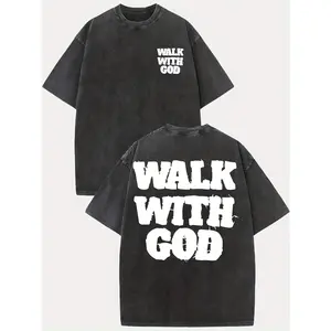 Heavyweight Washed Men's Graphic T-Shirt, Walk with God Inspirational Design, Double-Sided Distressed Print, Oversized Drop Shoulder Relaxed Fit, Round Neck Short Sleeve Light Green Lettering Tee, Summer Casual Streetwear Women's Unisex Christia