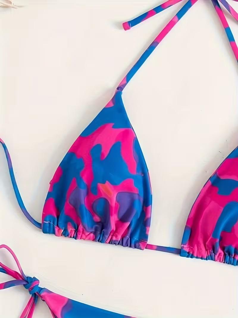 Camouflage Neck V-Neck 2pcs Bikini, Triangular Lace-Up, Back Halter Tie, Side High-Breasted Swimsuit, Women'S Swimwear And Clothing