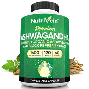 Nutrivein Organic Ashwagandha Capsules 1600mg - 120 Vegan Pills - 100% Pure Root Powder Supplement - Supports Stress Relief, Immune, Energy, Stamina
