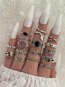 ROSY x 16pcs Gothic Style Star, Sun, Eye, Snake, Flower, Elephant Shaped Antique Silver Rings Set