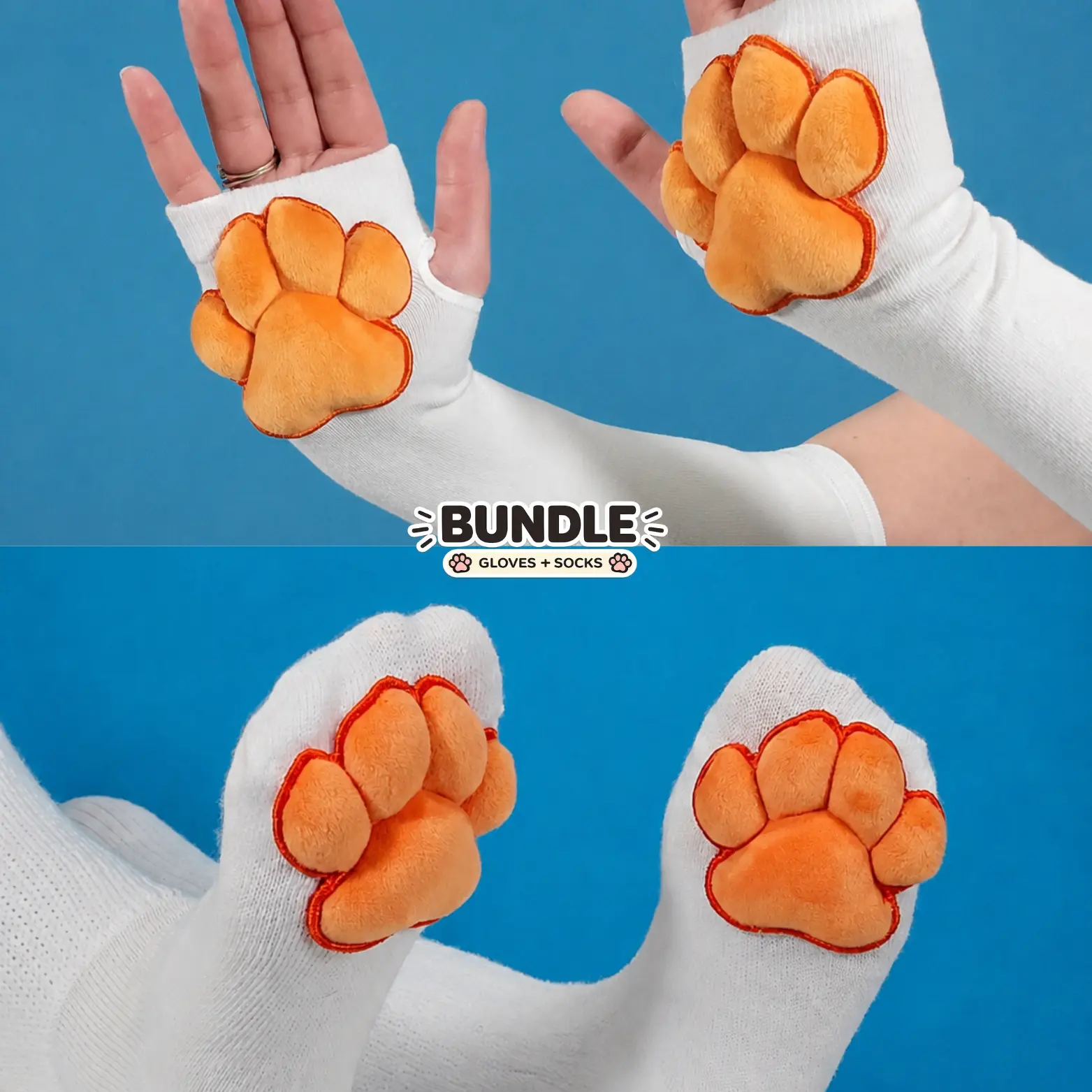 BUNDLE: Orange Plush Paw Pads on White Fingerless Gloves and Socks
