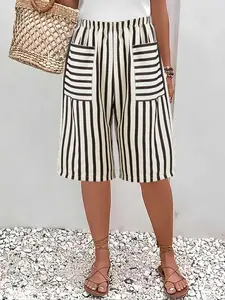 Women's Striped Print Fitted Shorts, Casual Fashion Shorts for Daily Wear, Ladies Bottoms for Summer, Womenswear, Casual Fashionable Shorts