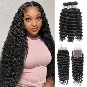 Allove Deep Wave Bundles With Closure 4x4 Inch Human Hair Bundles With Closure Free Part 3 Bundles With Closure Quick Weave Extensions