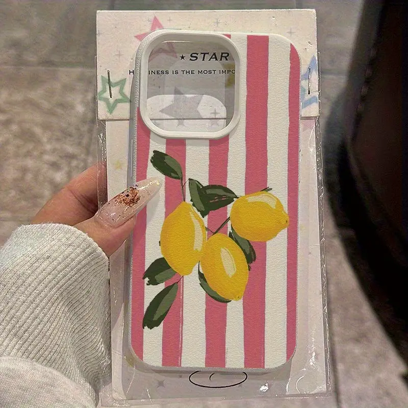White lychee texture with pink striped lemon pattern business anti-drop TPU protective case, highly aesthetic, compatible with iPhone 17/16/15/14/13/12/11/X/XS/XSMAX, a holiday gift for friends, family, and yourself, Cover, Accessories, Smartphone summerw