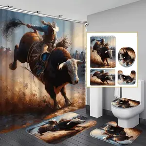 1/4 pc Western cowboy pattern design, shower curtain set, Western Shower Curtains For Bathroom, non-slip mat, U-shaped rug, toilet seat cover, Bathroom Accessory, includes 12 shower curtain hooks, Bathroom Decoration Accessories