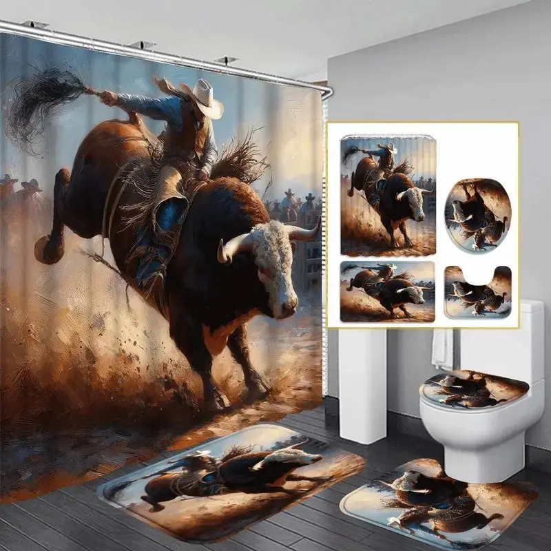 1/4 pc Western cowboy pattern design, shower curtain set, Western Shower Curtains For Bathroom, non-slip mat, U-shaped rug, toilet seat cover, Bathroom Accessory, includes 12 shower curtain hooks, Bathroom Decoration Accessories