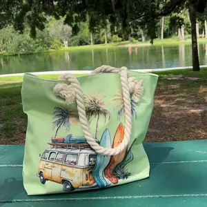 JB84378 Lightweight Zip Closure Beach Tote with Rope Double Handle and Van/surfboard Pattern