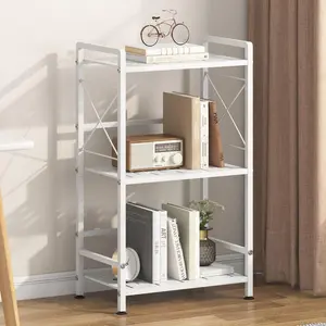 Three-Tier Metal Bookshelf Bathroom Storage Vertical Shelving Unit Kitchen Storage Organizer Display Rack Bookcase Shelf for Living Room, Bedroom, Office (Wide White, Three-Tier)